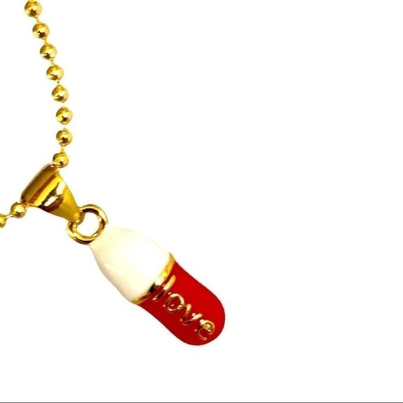17 inch necklace gold tone ball chain, red and white enamel love pill - Picture 1 of 8
